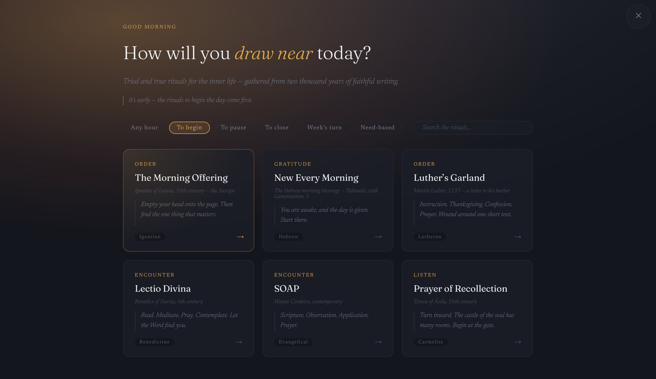 The Dayspring ritual library on the morning shelf: The Morning Offering, New Every Morning, Luther's Garland, Lectio Divina, SOAP and the Prayer of Recollection, each with its origin and tradition.